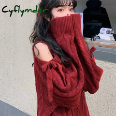 Cyflymder Christmas Off Shoulder Turtleneck Sweater Women Fashion Twist Long Sleeve Jumper Wine Red New Year Loose