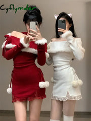 Winter Christmas Bodycon Knitted Mini Dress Women Casual Long Sleeve Sweet Elegant Even Party One Piece Dress Korean Fur