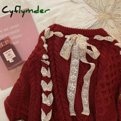 Cyflymder Christmas Outfits Red Twist Strap Sweater for Women Spring and Autumn Winter Christmas Sweet Bow Knitting