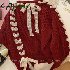 Cyflymder Christmas Outfits Red Twist Strap Sweater for Women Spring and Autumn Winter Christmas Sweet Bow Knitting