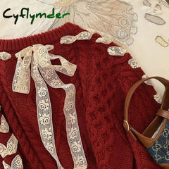 Cyflymder Christmas Outfits Red Twist Strap Sweater for Women Spring and Autumn Winter Christmas Sweet Bow Knitting