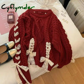 Cyflymder Christmas Outfits Red Twist Strap Sweater for Women Spring and Autumn Winter Christmas Sweet Bow Knitting