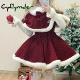 Cyflymder Christmas Outfits Sweet Lolita Style Dress Sets Women Elegant Bow Plush Shawl Short Jackets Mini Skirts Suit