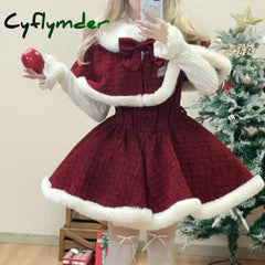 Cyflymder Christmas Outfits Sweet Lolita Style Dress Sets Women Elegant Bow Plush Shawl Short Jackets Mini Skirts Suit