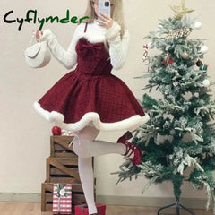 Cyflymder Christmas Outfits Sweet Lolita Style Dress Sets Women Elegant Bow Plush Shawl Short Jackets Mini Skirts Suit