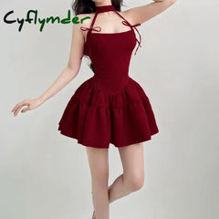 Cyflymder Christmas Party A-line Sleeveless Dress Red Black Kawaii Bow Halter Ball Gown Princess Dresses Kawaii Lolita