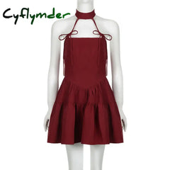 Cyflymder Christmas Party A-line Sleeveless Dress Red Black Kawaii Bow Halter Ball Gown Princess Dresses Kawaii Lolita
