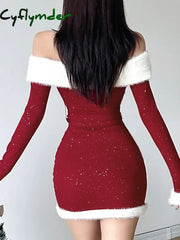 Cyflymder Christmas Party Dress Slim Patchwork Fur Trim Bodycon Dress With Belt Casual Slash Neck Long Sleeve Mini