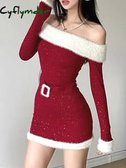 Cyflymder Christmas Party Dress Slim Patchwork Fur Trim Bodycon Dress With Belt Casual Slash Neck Long Sleeve Mini