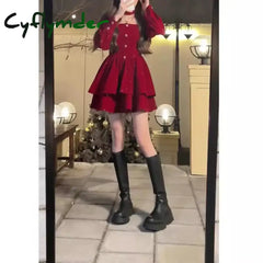 Cyflymder Christmas Red Dress Female Hepburn Style Temperament Long Sleeved Slim Velvet French Dress Autumn Winter
