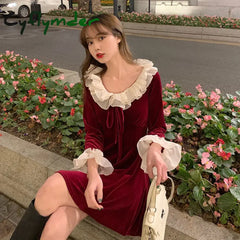 Cyflymder Christmas Red Dress Woman Autumn French Ruffle Velvet Splice Dress Ladies Flared Sleeve Bow Slim Party Mini