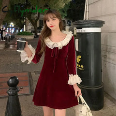 Cyflymder Christmas Red Dress Woman Autumn French Ruffle Velvet Splice Dress Ladies Flared Sleeve Bow Slim Party Mini