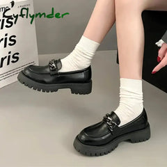 Cyflymder Chunky Heel Platform Metal Chain loafers Women Pumps Black round toe small leather shoes Female Casual Retro