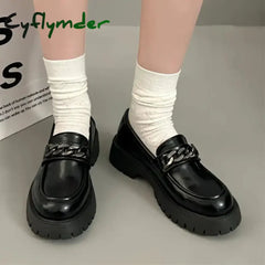 Cyflymder Chunky Heel Platform Metal Chain loafers Women Pumps Black round toe small leather shoes Female Casual Retro