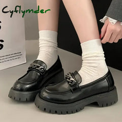 Cyflymder Chunky Heel Platform Metal Chain loafers Women Pumps Black round toe small leather shoes Female Casual Retro