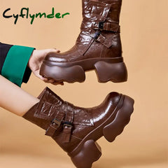 Cyflymder Chunky Heel Women’s Pu Leather Ankle Boots Double Buckle Platform Side Zipper Short Boots Winter New Goth