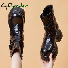 Cyflymder Chunky Heel Women’s Pu Leather Ankle Boots Double Buckle Platform Side Zipper Short Boots Winter New Goth