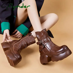 Cyflymder Chunky Heel Women’s Pu Leather Ankle Boots Double Buckle Platform Side Zipper Short Boots Winter New Goth