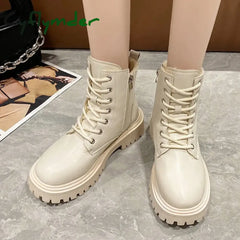 Cyflymder Chunky Heels Lace Up Combat Boots Women Winter Warm Short Plush Ankle Boots Woman Platform Non-Slip PU