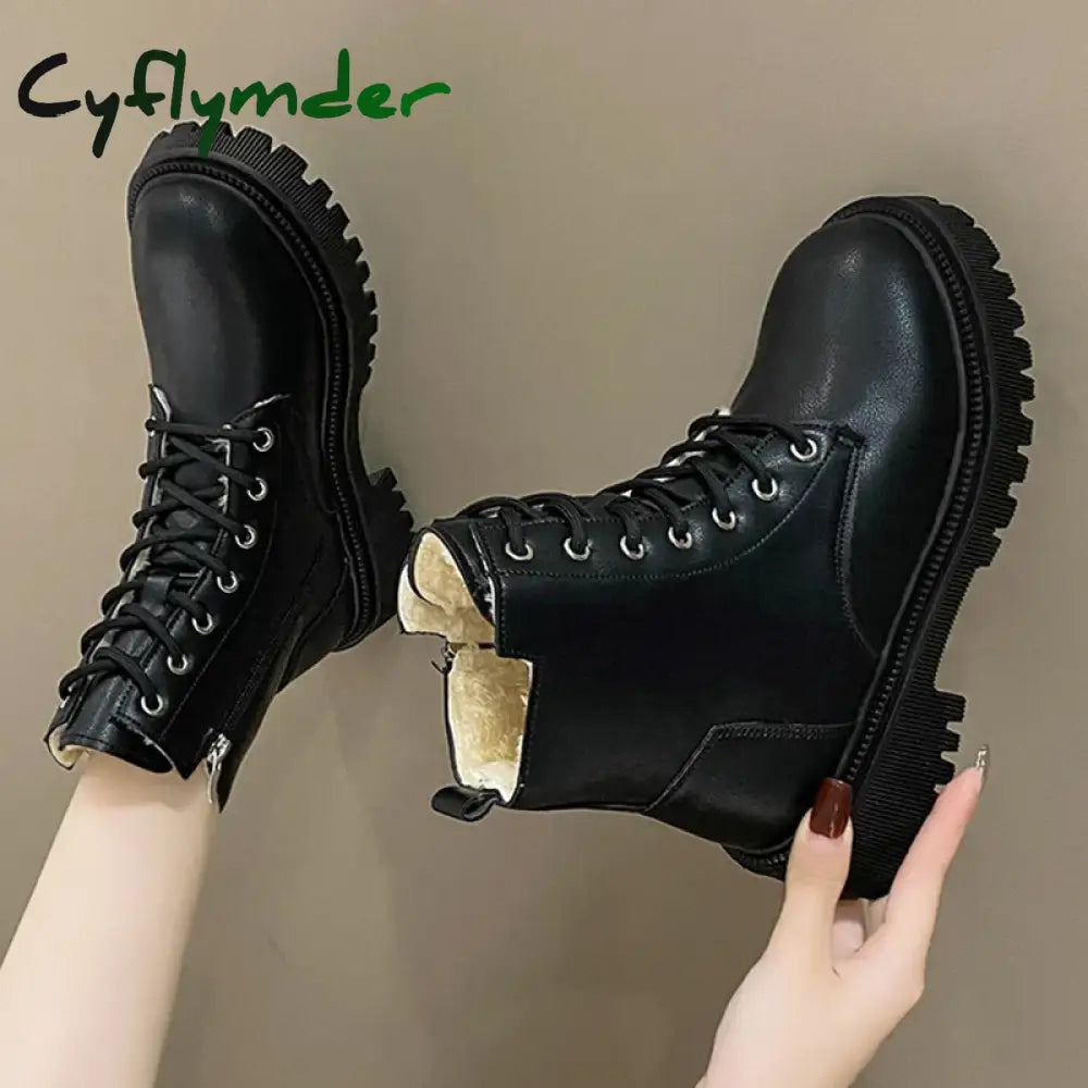 Cyflymder Chunky Heels Lace Up Combat Boots Women Winter Warm Short Plush Ankle Boots Woman Platform Non-Slip PU