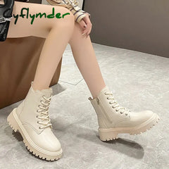 Cyflymder Chunky Heels Lace Up Combat Boots Women Winter Warm Short Plush Ankle Boots Woman Platform Non-Slip PU