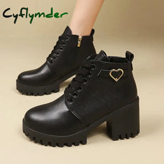 Cyflymder Chunky Heels Snow Ankle Boots for Women High Quality Lace-Up Winter Pu Leather Chelsea Boots 2024 Trend Solid