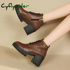 Cyflymder Chunky Heels Snow Ankle Boots for Women High Quality Lace-Up Winter Pu Leather Chelsea Boots 2024 Trend Solid