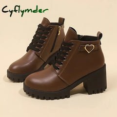 Cyflymder Chunky Heels Snow Ankle Boots for Women High Quality Lace-Up Winter Pu Leather Chelsea Boots 2024 Trend Solid