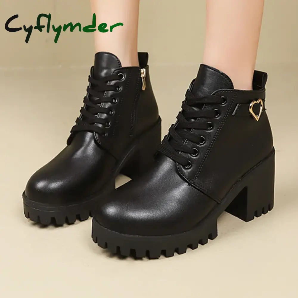 Cyflymder Chunky Heels Snow Ankle Boots for Women High Quality Lace-Up Winter Pu Leather Chelsea Boots 2024 Trend Solid