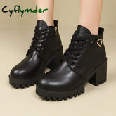 Cyflymder Chunky Heels Snow Ankle Boots for Women High Quality Lace-Up Winter Pu Leather Chelsea Boots 2024 Trend Solid