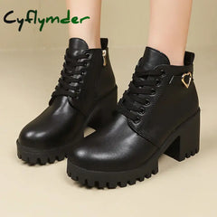 Cyflymder Chunky Heels Snow Ankle Boots for Women High Quality Lace-Up Winter Pu Leather Chelsea Boots 2024 Trend Solid