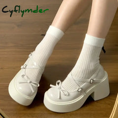 Cyflymder Chunky Platform Mary Jane Shoes for Women Patent Leather Lace Ankle Strap Pumps Woman Beige Black Thick