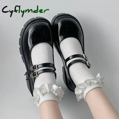Cyflymder Chunky Platform Mary Jane Shoes Women Heart Buckle Strap Thick Heels Pumps Woman Black