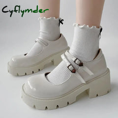 Cyflymder Chunky Platform Mary Jane Shoes Women Heart Buckle Strap Thick Heels Pumps Woman Black