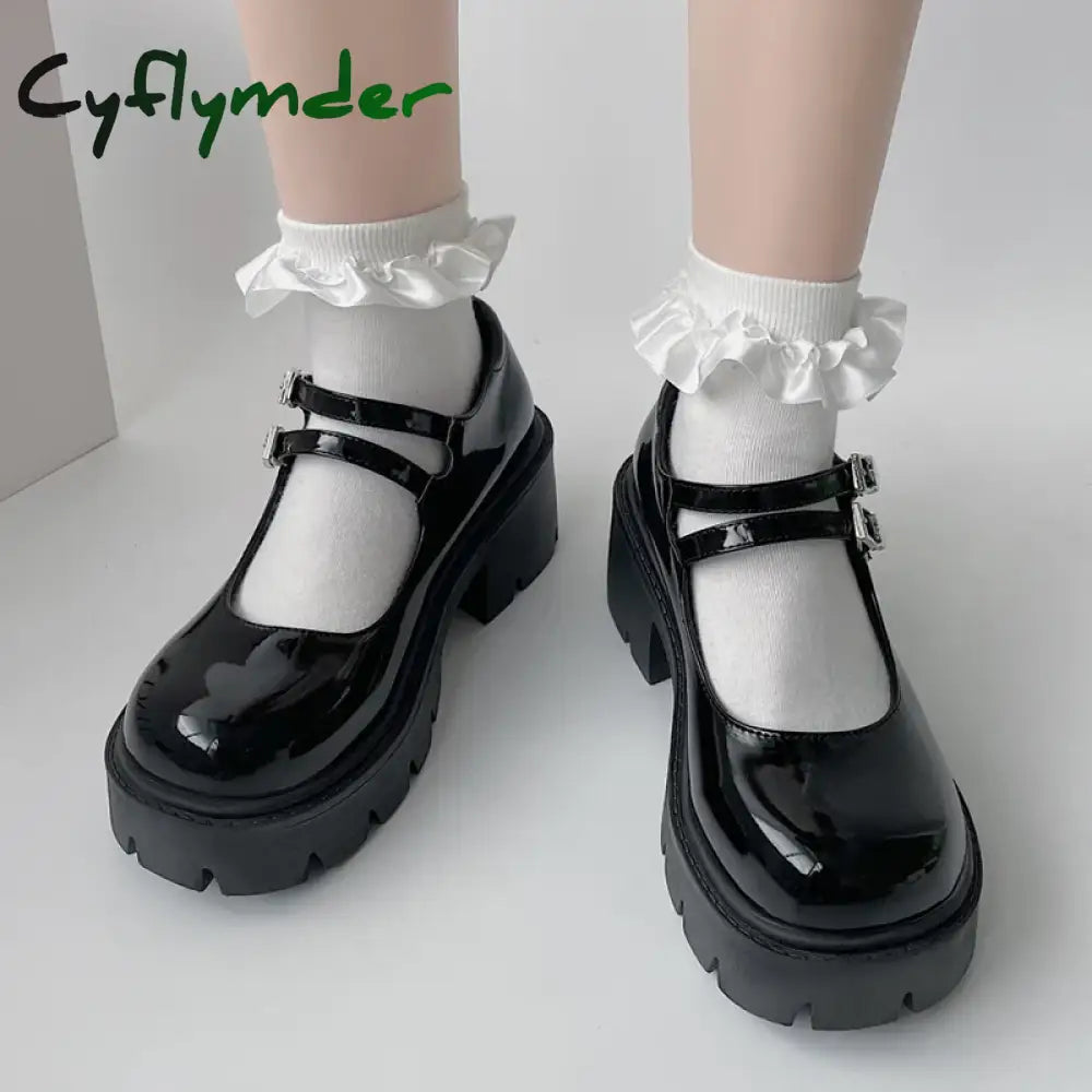 Chunky Platform Mary Jane Shoes Women Heart Buckle Strap Thick Heels Pumps Woman Black Patent Leather Lolita Shoes Laides