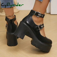 Cyflymder Chunky Platform Punk Gothic Shoes Women Ankle Buckle Super High Heels Pumps Woman Pu Leather Square Heel Mary