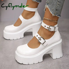 Cyflymder Chunky Platform Punk Gothic Shoes Women Ankle Buckle Super High Heels Pumps Woman Pu Leather Square Heel Mary