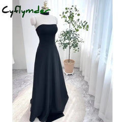 Cyflymder Classic Black Evening Dresses Sexy Strapless Satin Wedding Dresses Elegant Floor-length A-line Simple Bridal