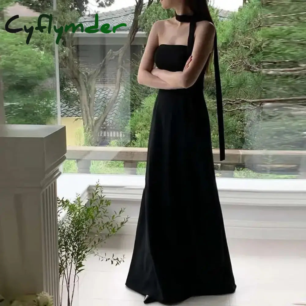 Cyflymder Classic Black Evening Dresses Sexy Strapless Satin Wedding Dresses Elegant Floor-length A-line Simple Bridal