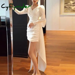 Cyflymder Classic V-neck Simple Wedding Dresses New Short Satin Bridal Dress With Long Sleeve Sexy Backless Bow