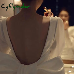 Cyflymder Classic V-neck Simple Wedding Dresses New Short Satin Bridal Dress With Long Sleeve Sexy Backless Bow
