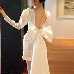 Cyflymder Classic V-neck Simple Wedding Dresses New Short Satin Bridal Dress With Long Sleeve Sexy Backless Bow