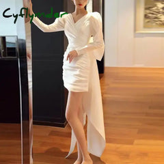 Cyflymder Classic V-neck Simple Wedding Dresses New Short Satin Bridal Dress With Long Sleeve Sexy Backless Bow