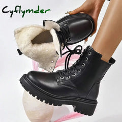 Cyflymder Classics Beige Black Lace Up Ankle Boots Women’s Thicken Plush Winter Boots Pu Leather Side Zipper Square