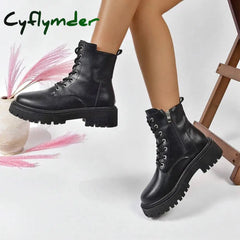 Cyflymder Classics Beige Black Lace Up Ankle Boots Women’s Thicken Plush Winter Boots Pu Leather Side Zipper Square