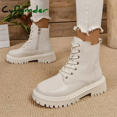 Cyflymder Classics Beige Black Lace Up Ankle Boots Women’s Thicken Plush Winter Boots Pu Leather Side Zipper Square