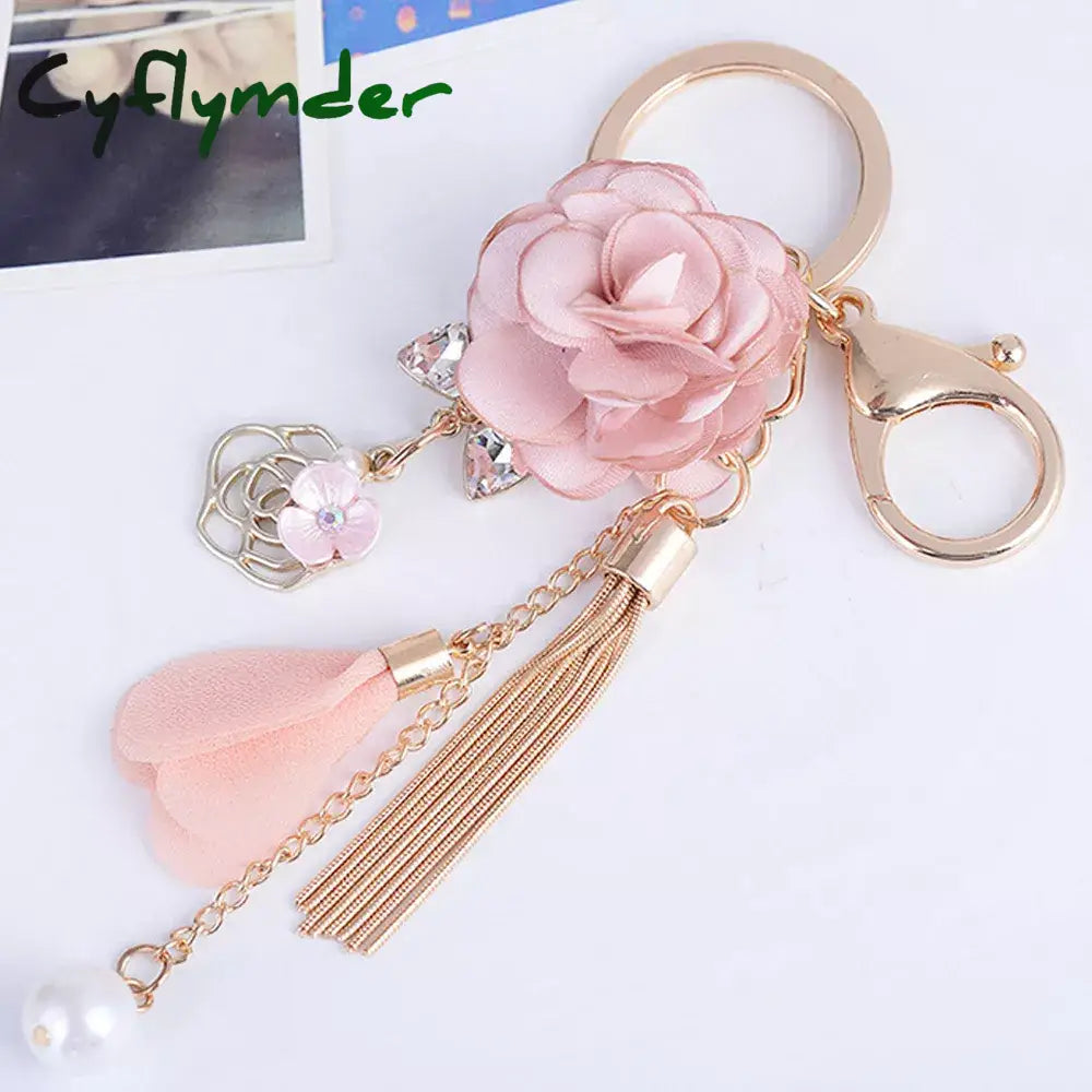 Cyflymder Cloth Flower Keychain Women Girls Sweet Pearl Tassel Floral Keyring Bohemian Rose Car