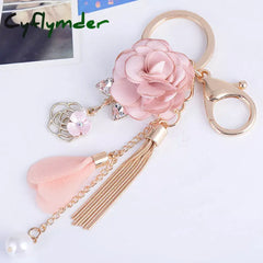 Cyflymder Cloth Flower Keychain Women Girls Sweet Pearl Tassel Floral Keyring Bohemian Rose Car