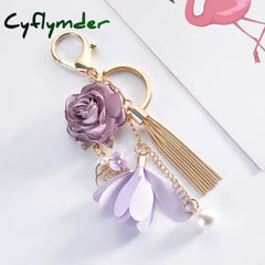 Cyflymder Cloth Flower Keychain Women Girls Sweet Pearl Tassel Floral Keyring Bohemian Rose Car