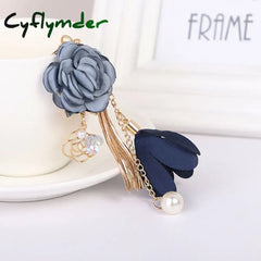 Cyflymder Cloth Flower Keychain Women Girls Sweet Pearl Tassel Floral Keyring Bohemian Rose Car